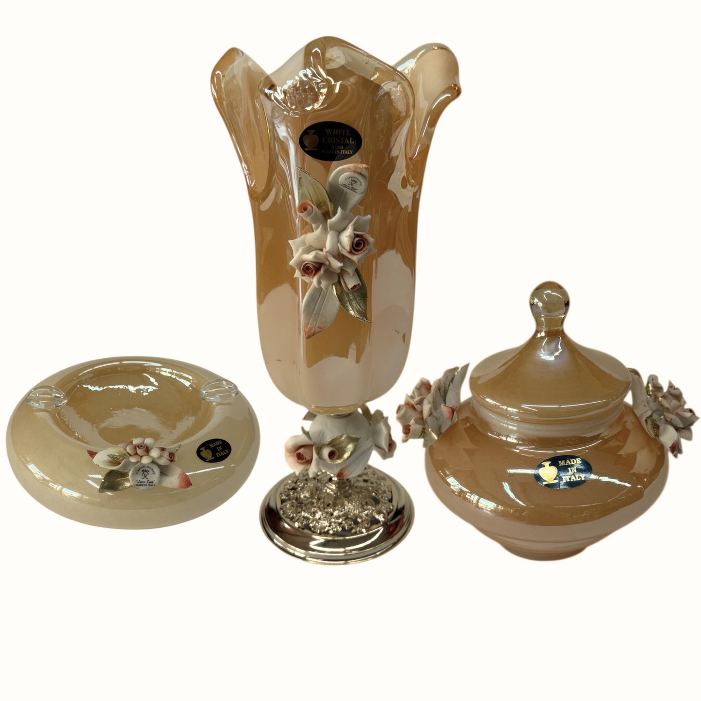 White Crystal - Murano Set 3 Pieces (Vase-Bonboniere-Ashtray) -Beige&Floral Design