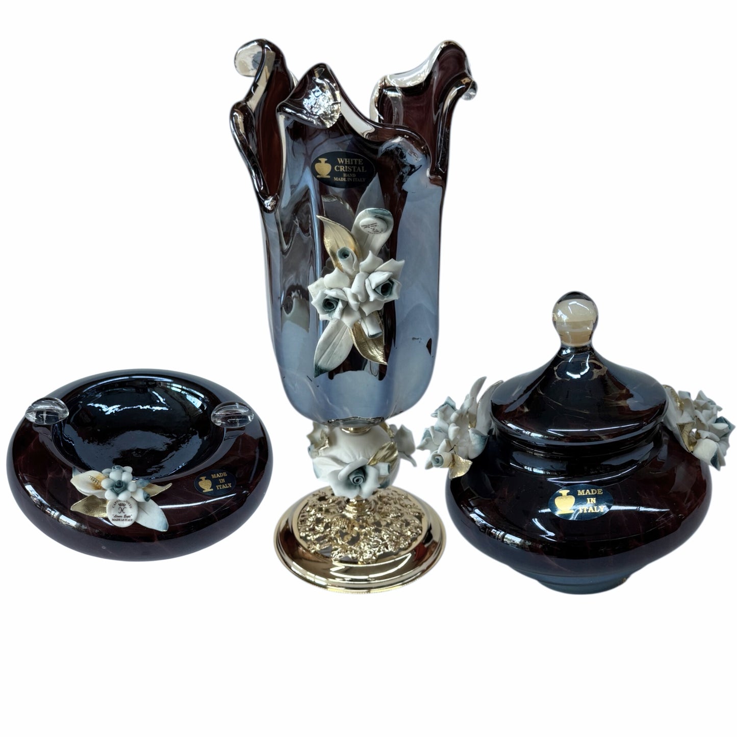 White Crystal - Murano Set 3 Pieces (Vase-Bonboniere-Ashtray) - Dark blue&Floral Design