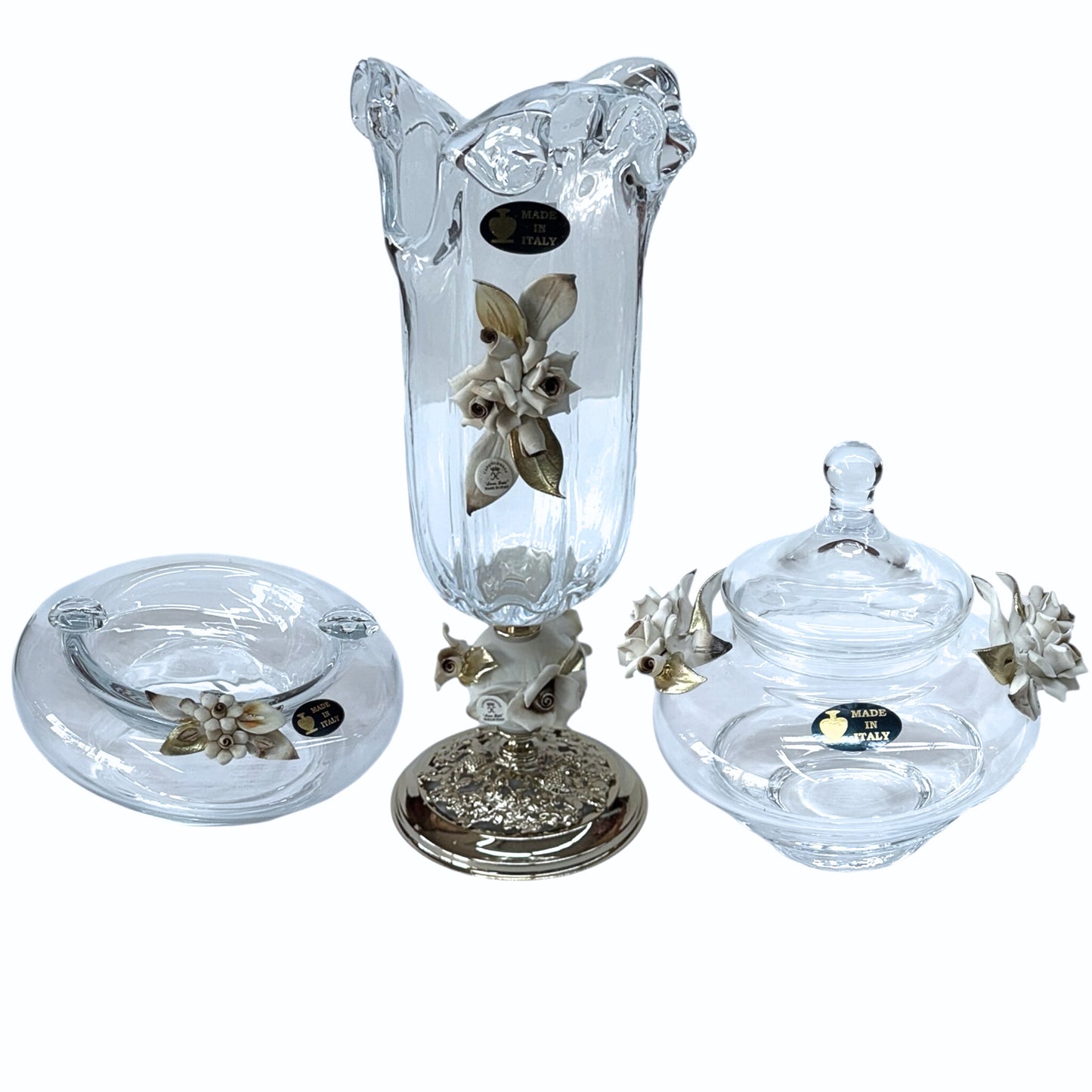 White Crystal - Murano Set 3 Pieces (Vase-Bonboniere-Ashtray) - Floral Design