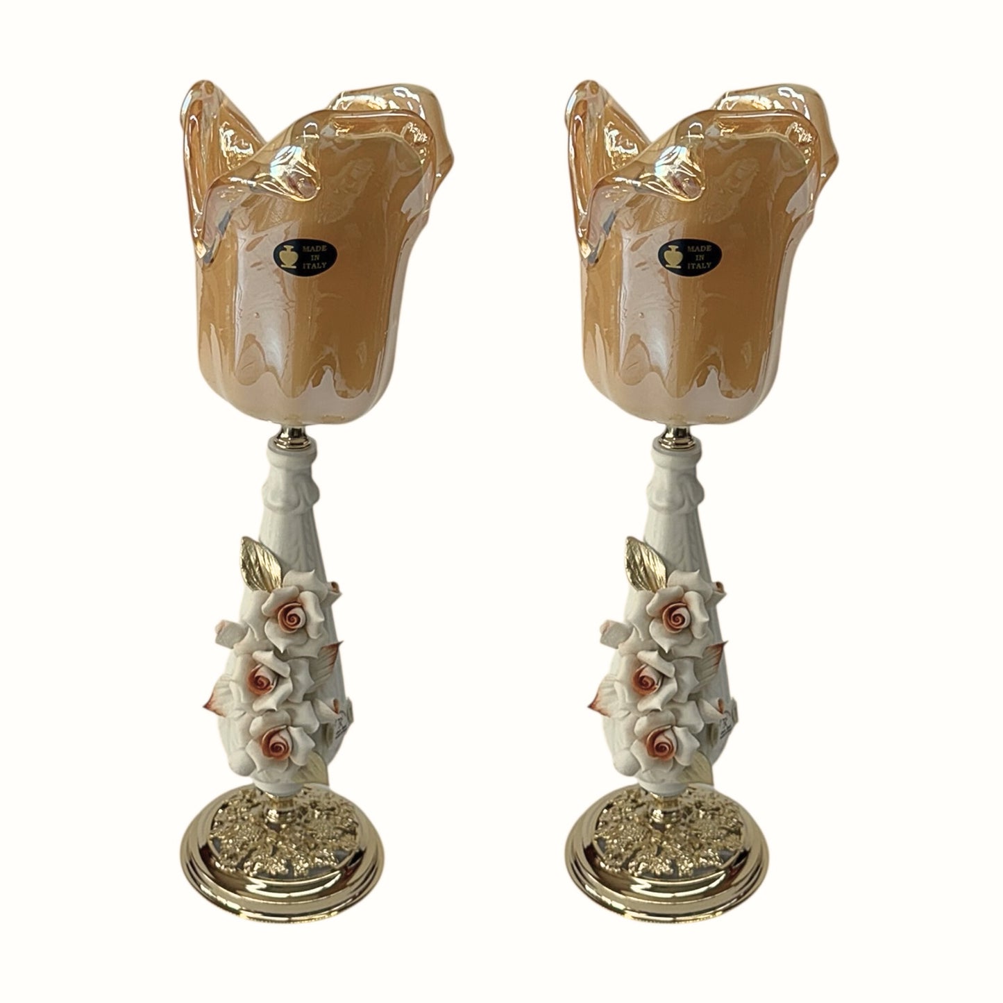 White Crystal - Murano Set 2 Pieces (2 Candle ) With Bronze Base - Beige&Floral Design