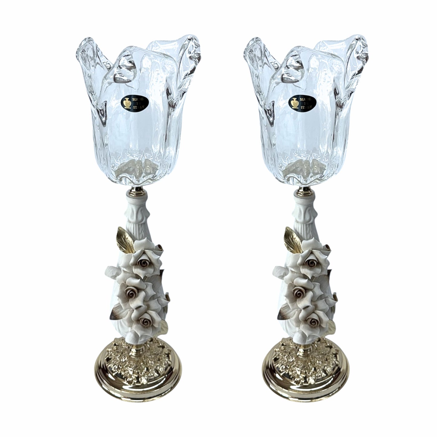 White Crystal - Murano Set 2 Pieces (2 Candle ) With Bronze Base - Floral Design