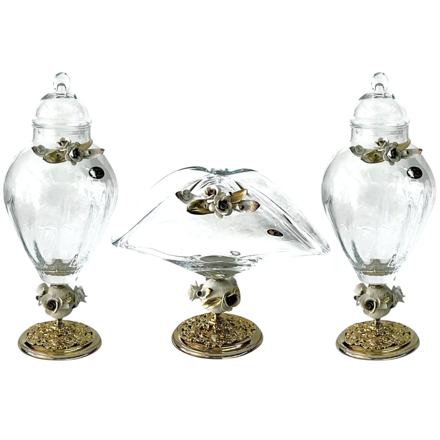 White Crystal - Murano Set 3 Pieces ( 2 Potiche + Basket ) With Bronze Base - Floral Design