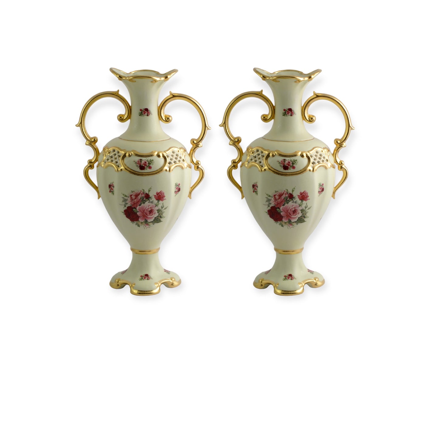BC Limoge - Gardinera and 2 Potiche With Base , 3 Pcs - Flowers - Beige&Gold