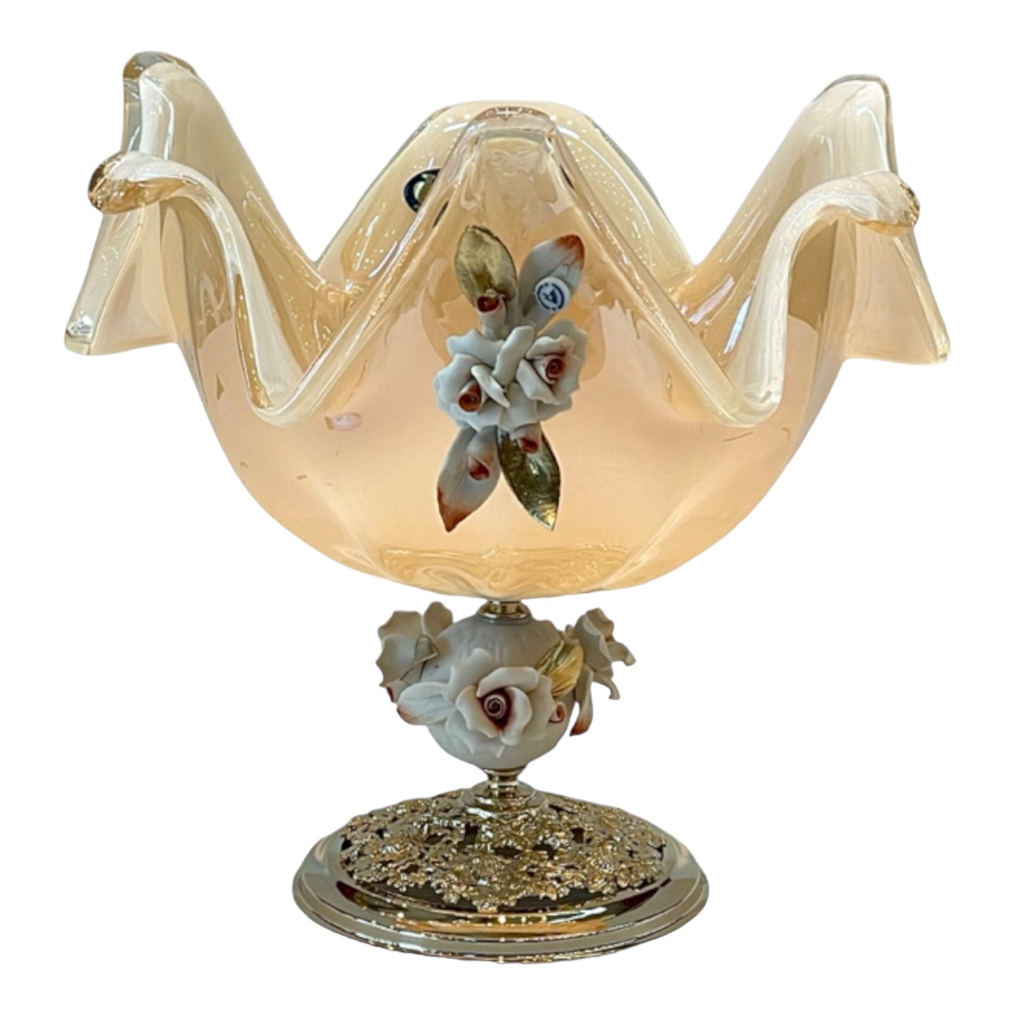 White Crystal - Medium Murano Plate With Bronze Base - Beige&Floral Design - 30x32 cm