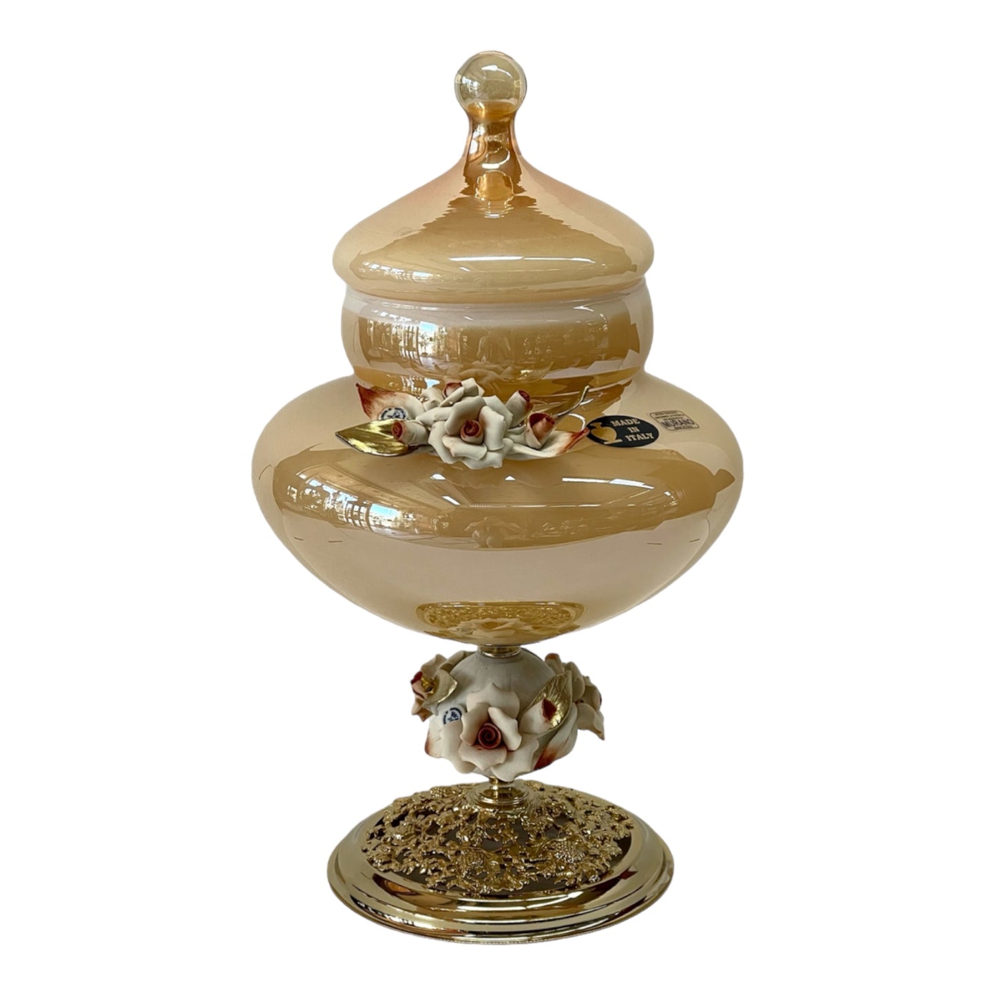 White Crystal - Large Murano Bonbonniere With Cover and Bronze Base - Beige&Floral Design - 38x24 cm