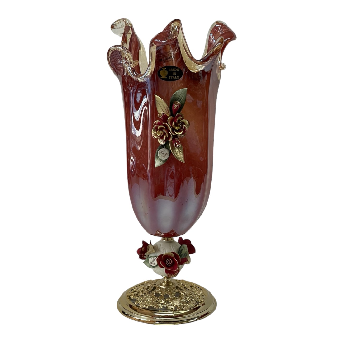 White Crystal - Murano Vase With Bronze Base - Red&Floral Design - 45 cm
