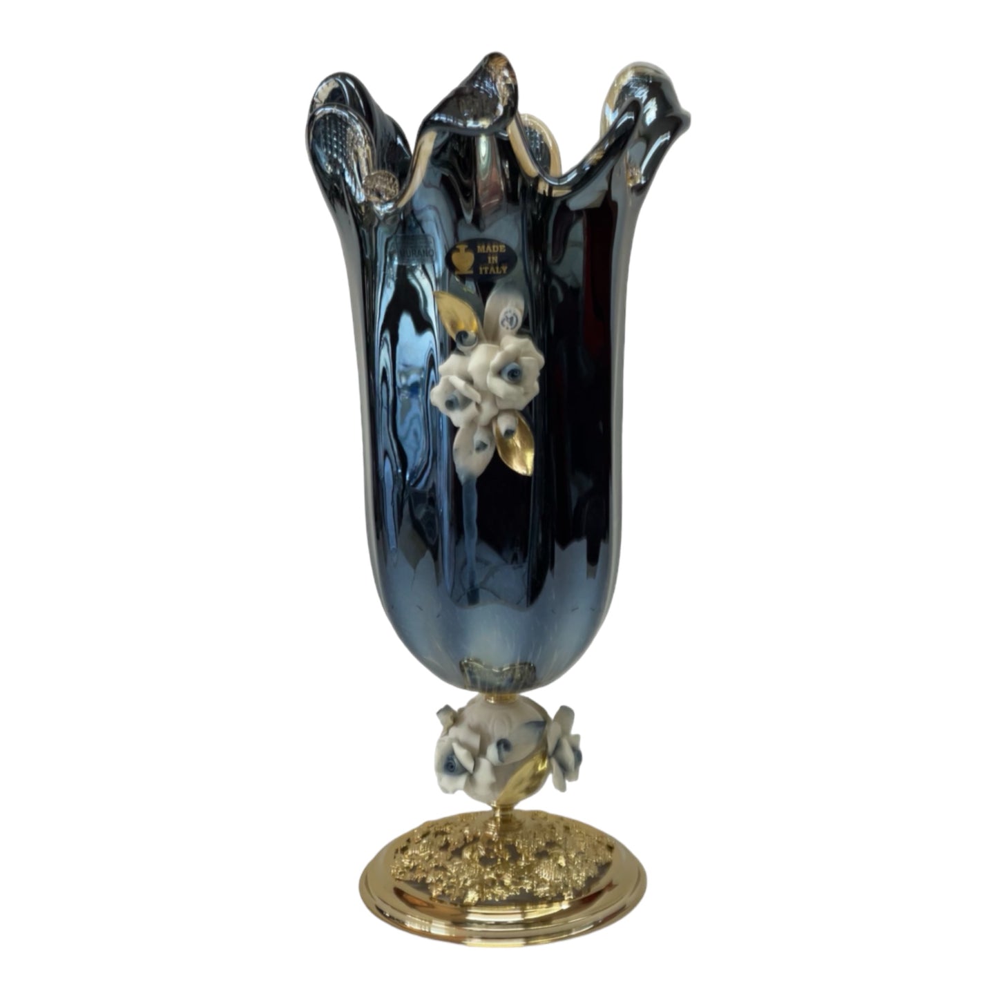 White Crystal - Murano Vase With Bronze Base - Blue&Floral Design - 45 cm