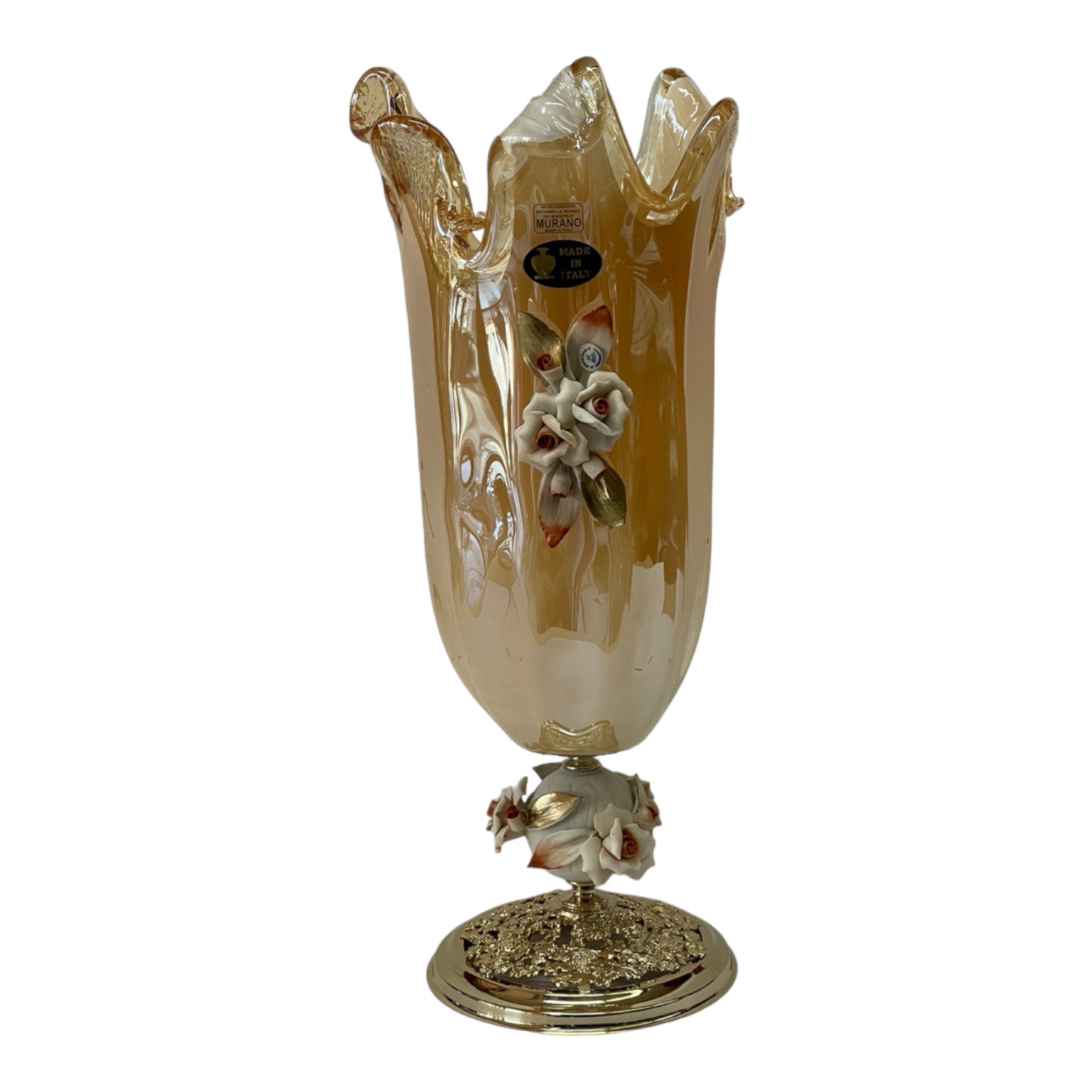 White Crystal - Murano Vase With Bronze Base - Beige&Floral Design - 45 cm
