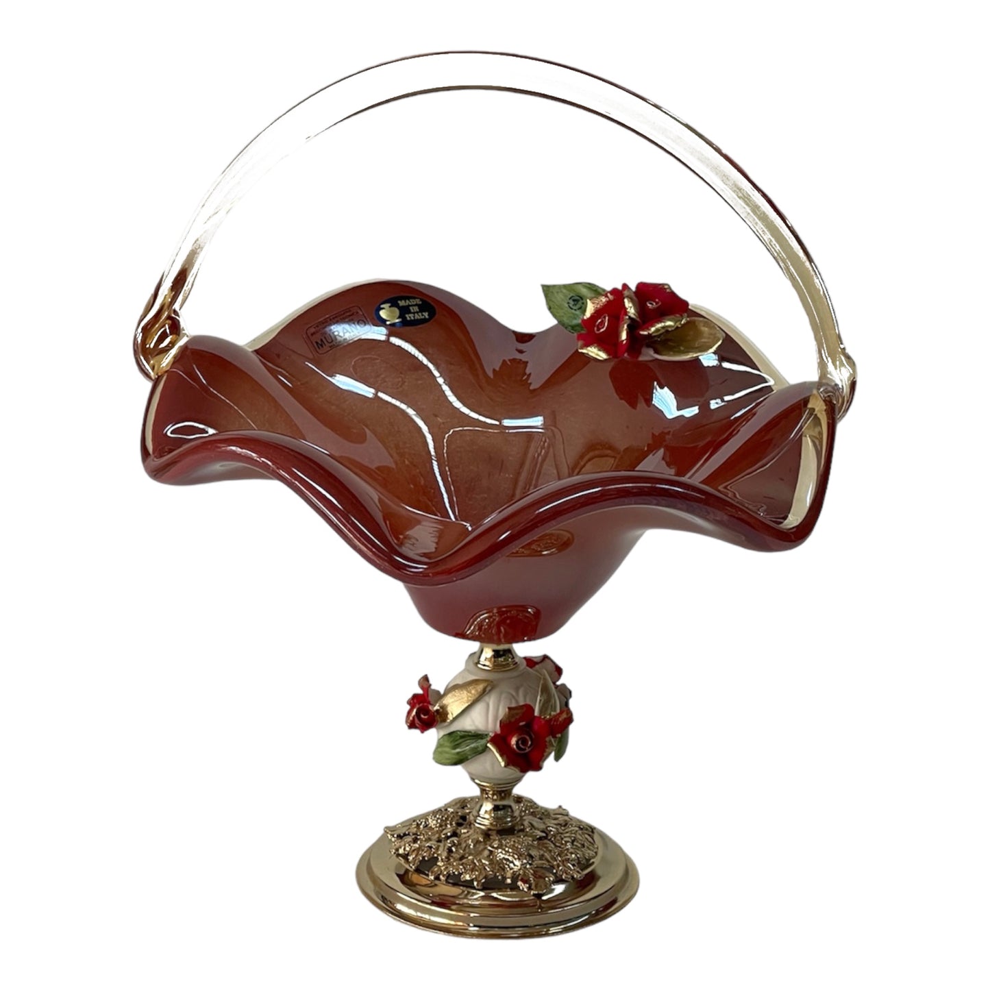 White Crystal - Medium Murano Basket With Bronze Base and Handle - Red&Floral Design - 25x30 cm