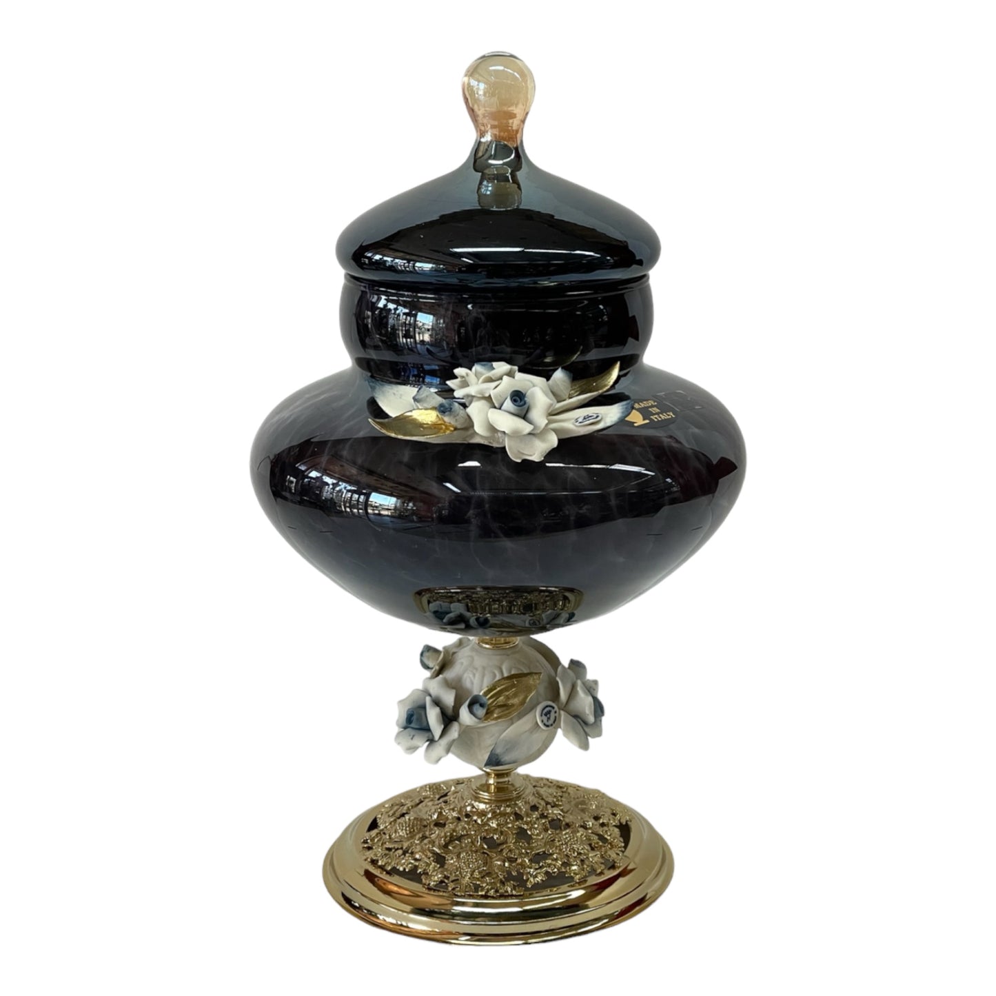 White Crsytal - Large Murano Bonbonniere Cover and With Bronze Base - Blue&Floral Design - 38x24 cm