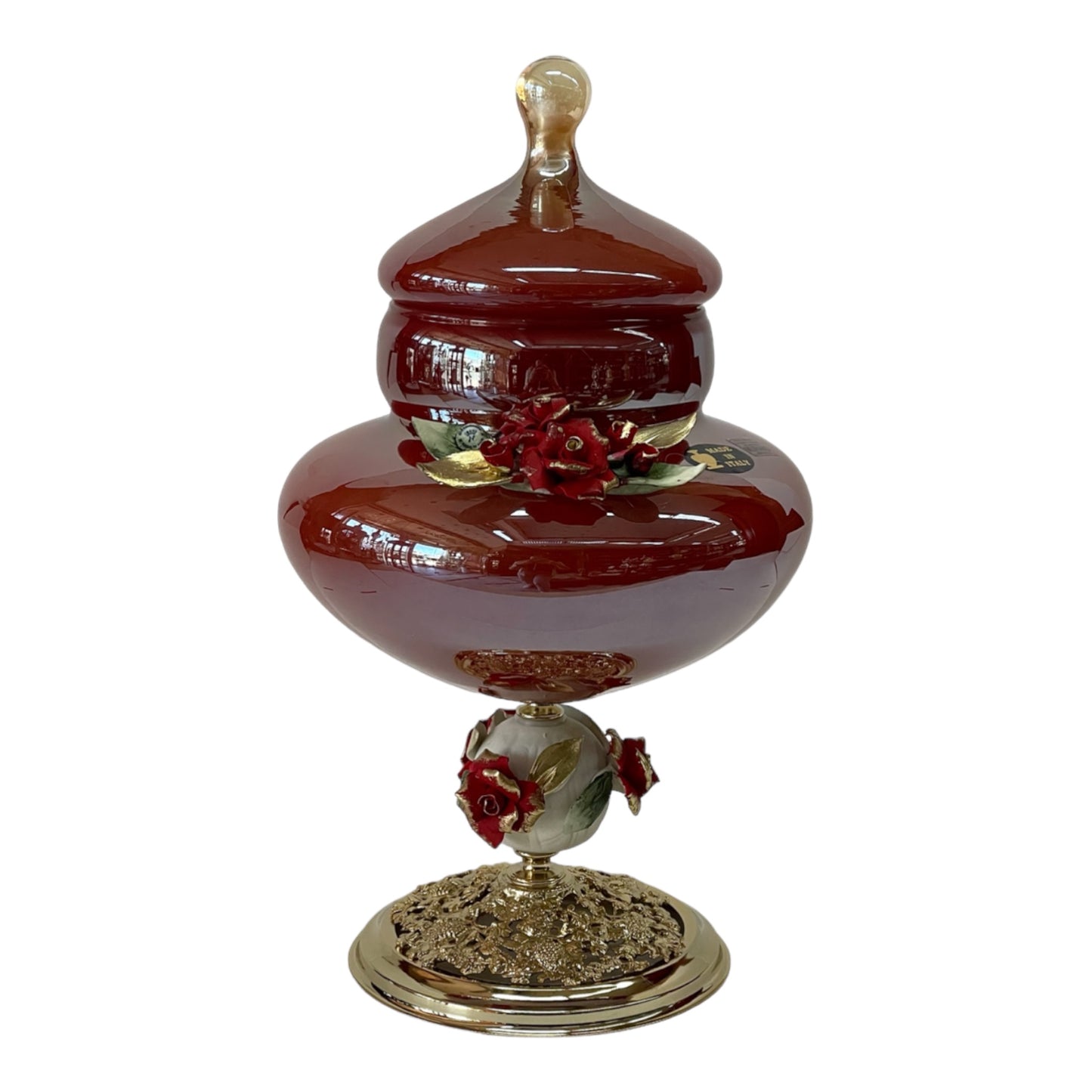 White Crystal - Large Murano Bonbonniere With Cover and Bronze Base - Red&Floral Design - 38x24 cm