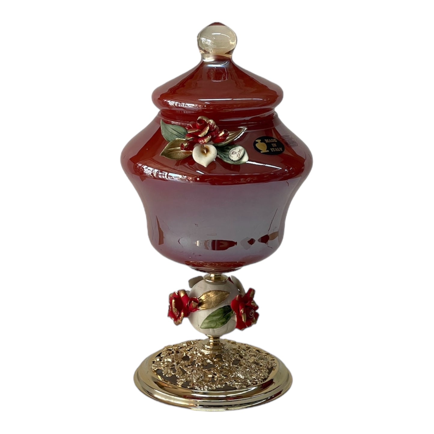 White Crystal - Medium Murano Bonbonniere With Cover and Bronze Base - Red&Floral Design - 35x15 cm