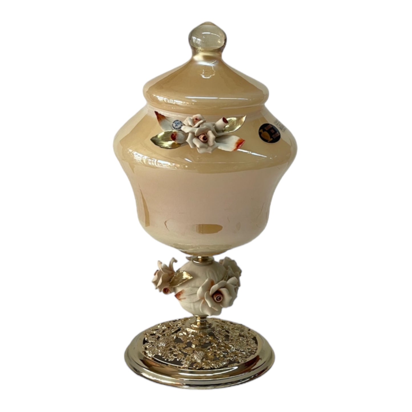 White Crystal - Medium Murano Bonbonniere With Cover and Bronze Base - Beige&Floral Design - 35x15 cm