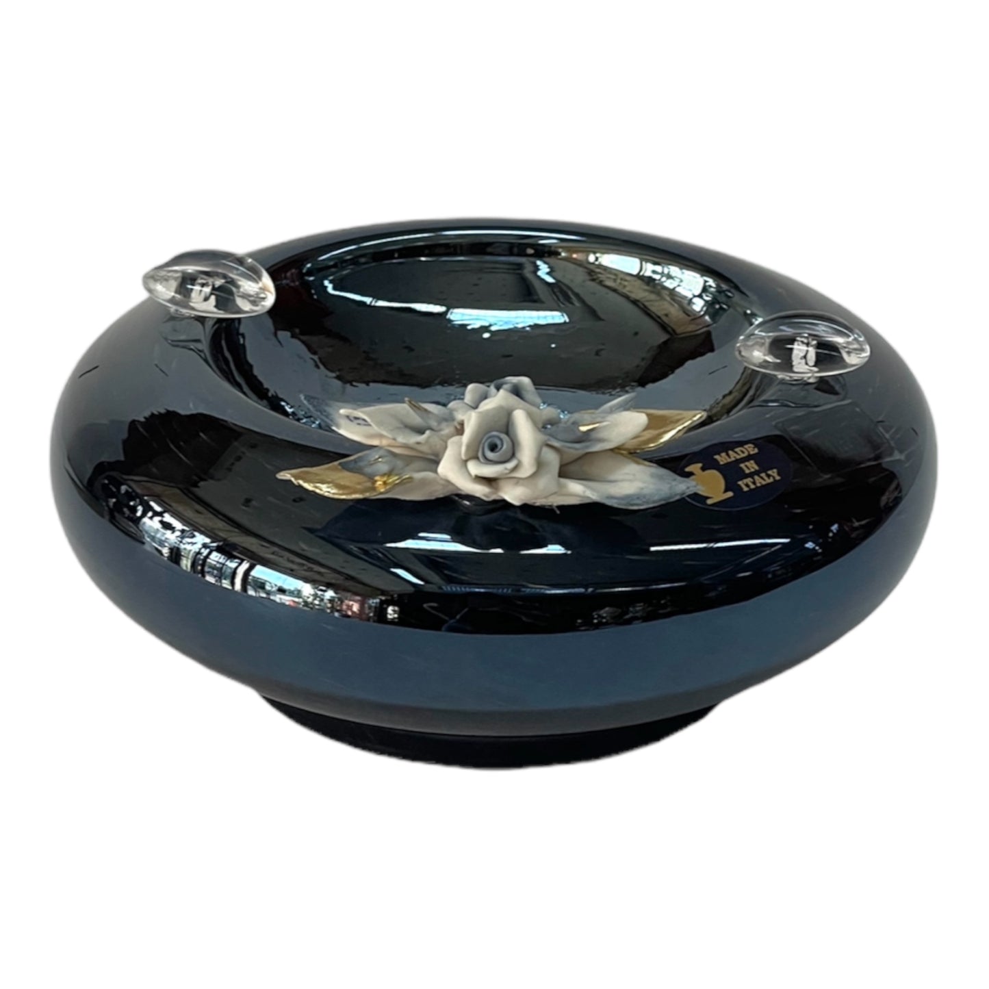 White Crystal - Ashtray Murano With Base - Blue&Floral Design - 17 cm