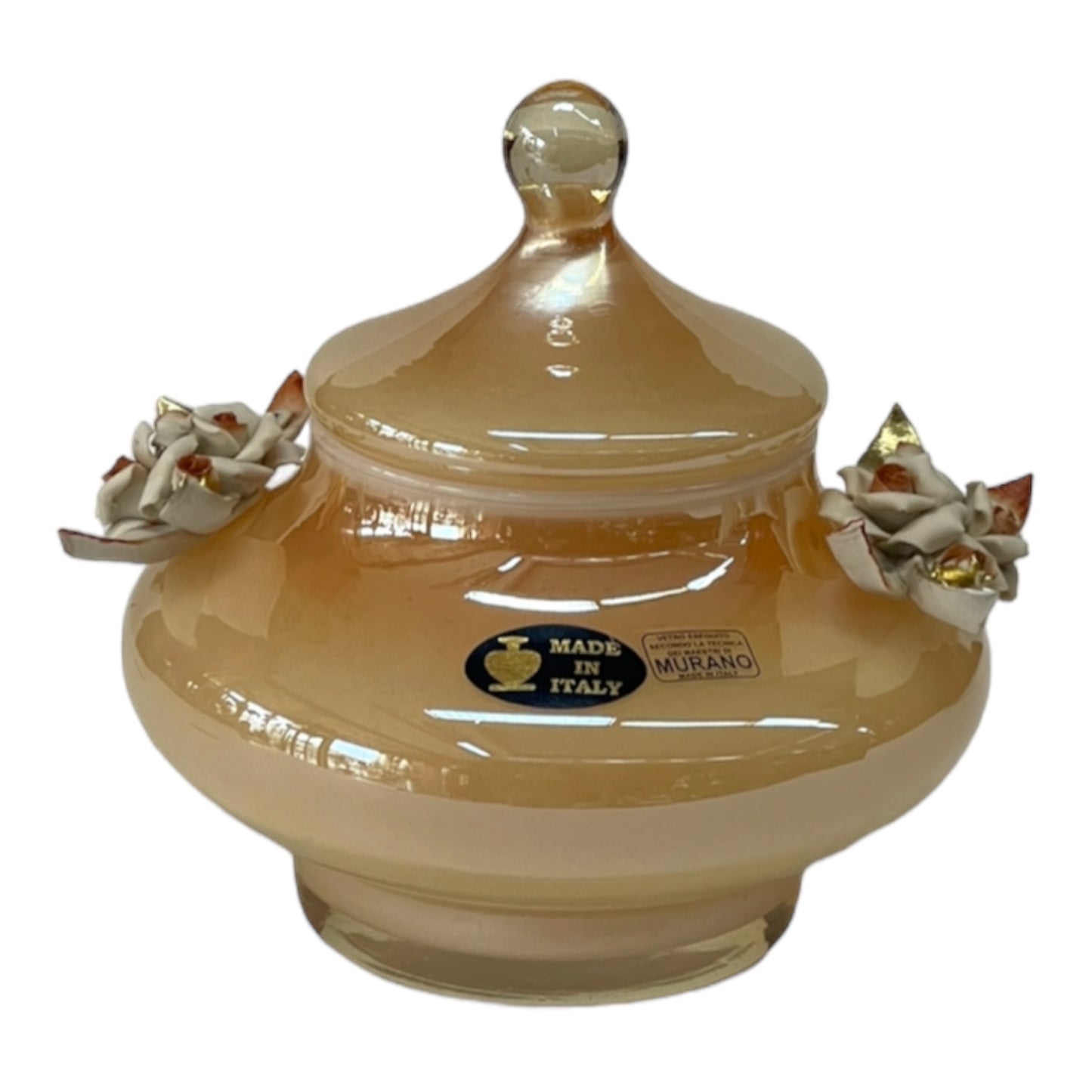 White Crystal - Small Murano Bonbonniere With Cover and Base - Beige&Floral Design - 19x20 cm