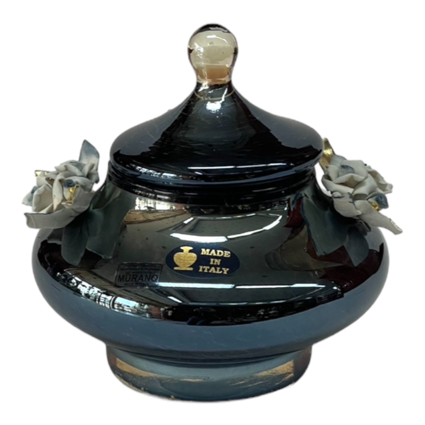 White Crystal - Small Murano Bonbonniere With Cover and Base - Blue&Floral Design - 19x20 cm