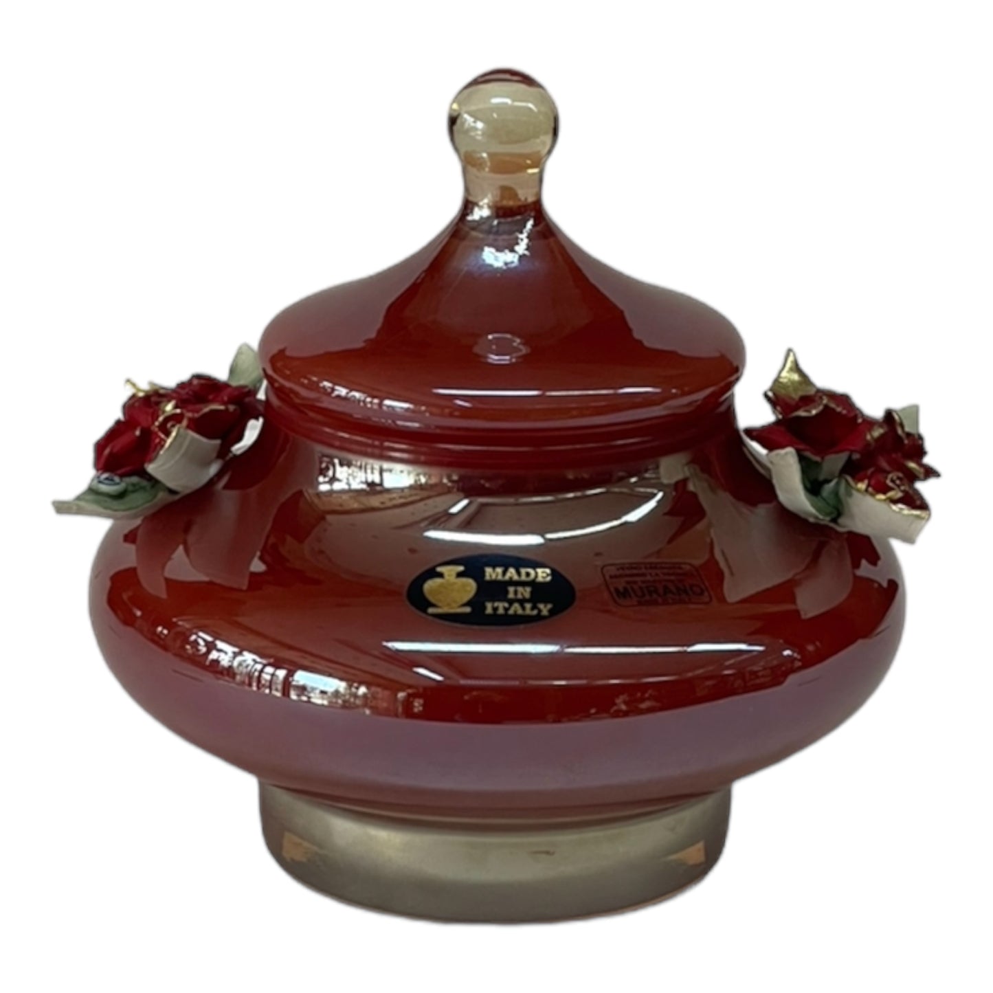 White Crystal - Small Murano Bonbonniere With Cover and Base - Red&Floral Design - 19x20 cm