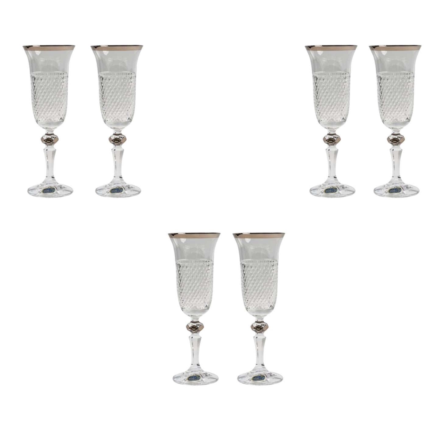 Bohemia Crystal - Flute Glass Set 6 Pieces - Silver