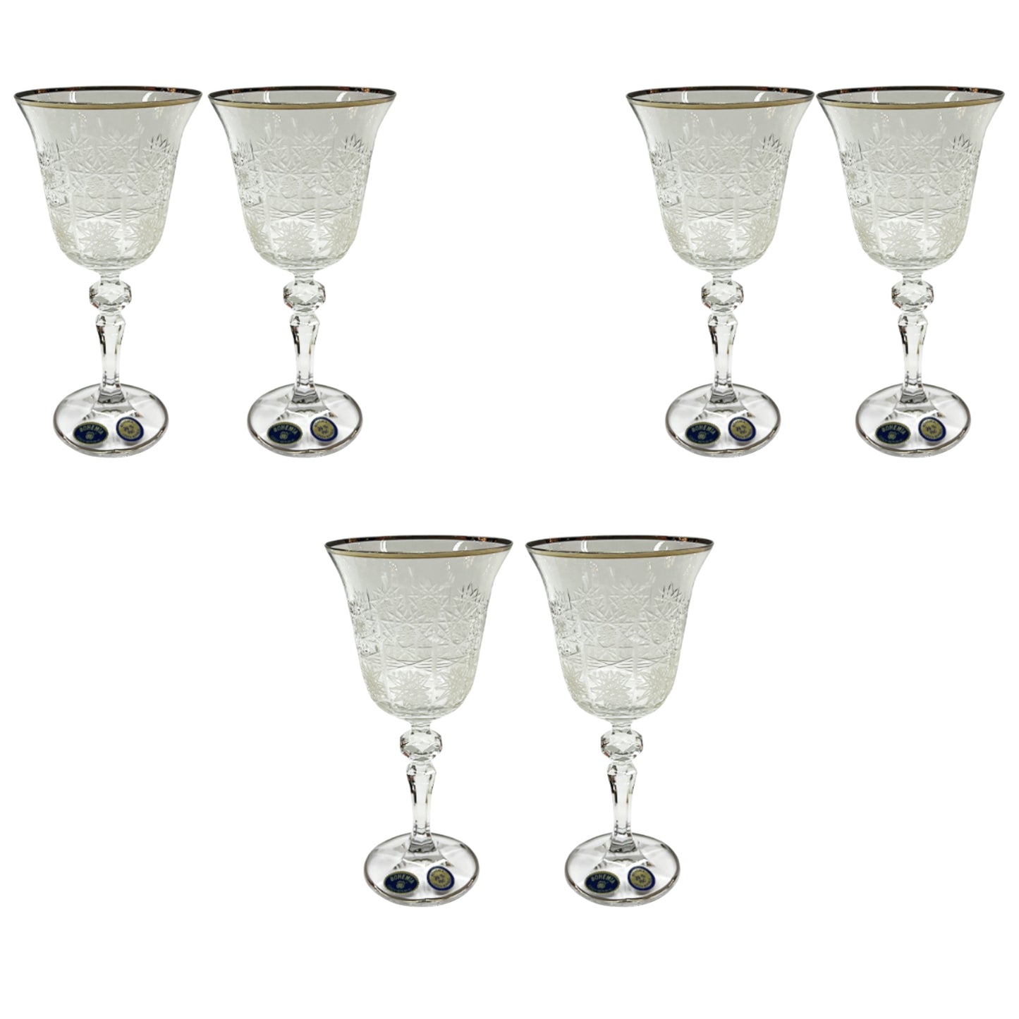 Bohemia Crystal - Goblet Glass Set 6 Pieces Handcut - Silver