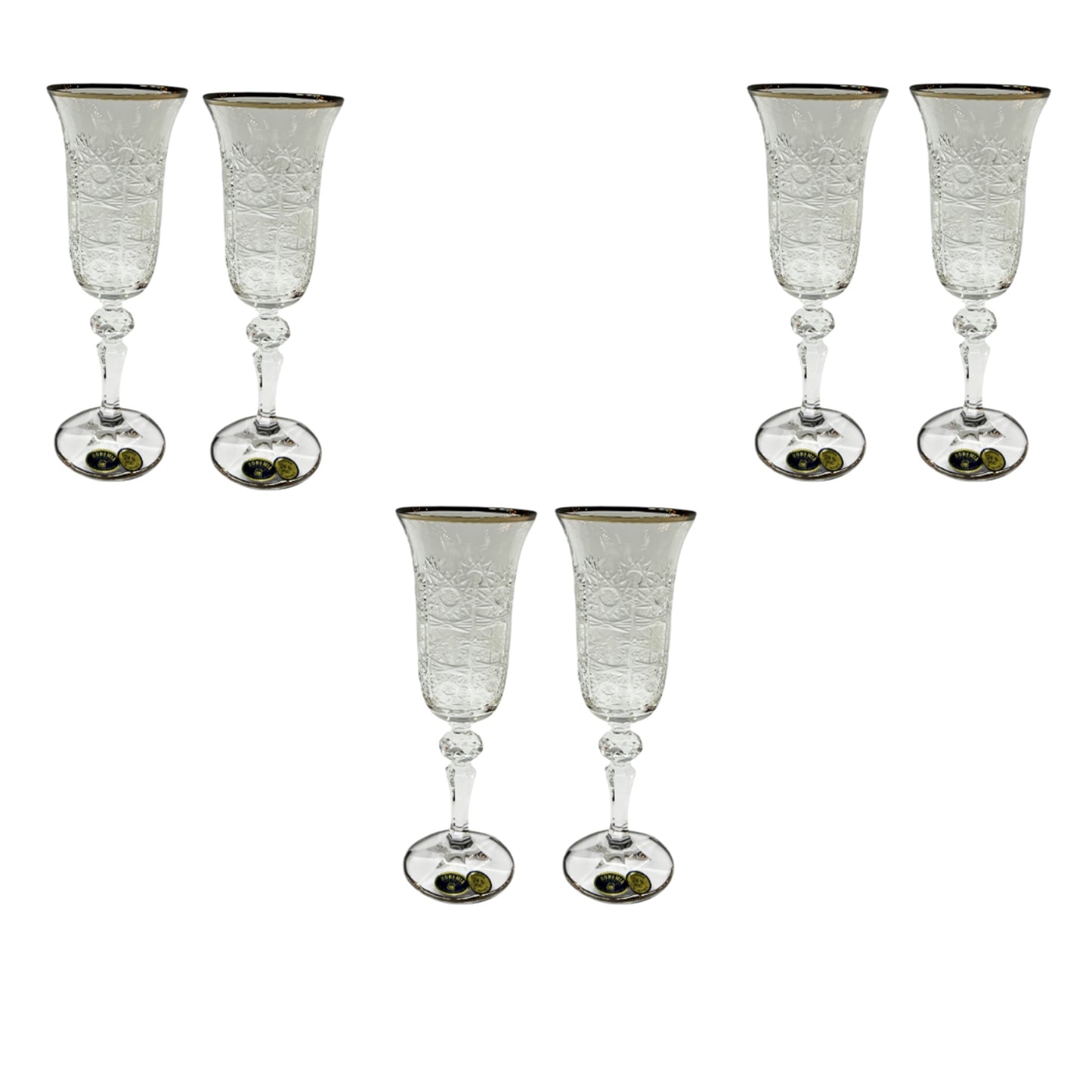 Bohemia Crystal - Flute Glass Set 6 Pieces Handcut - Silver