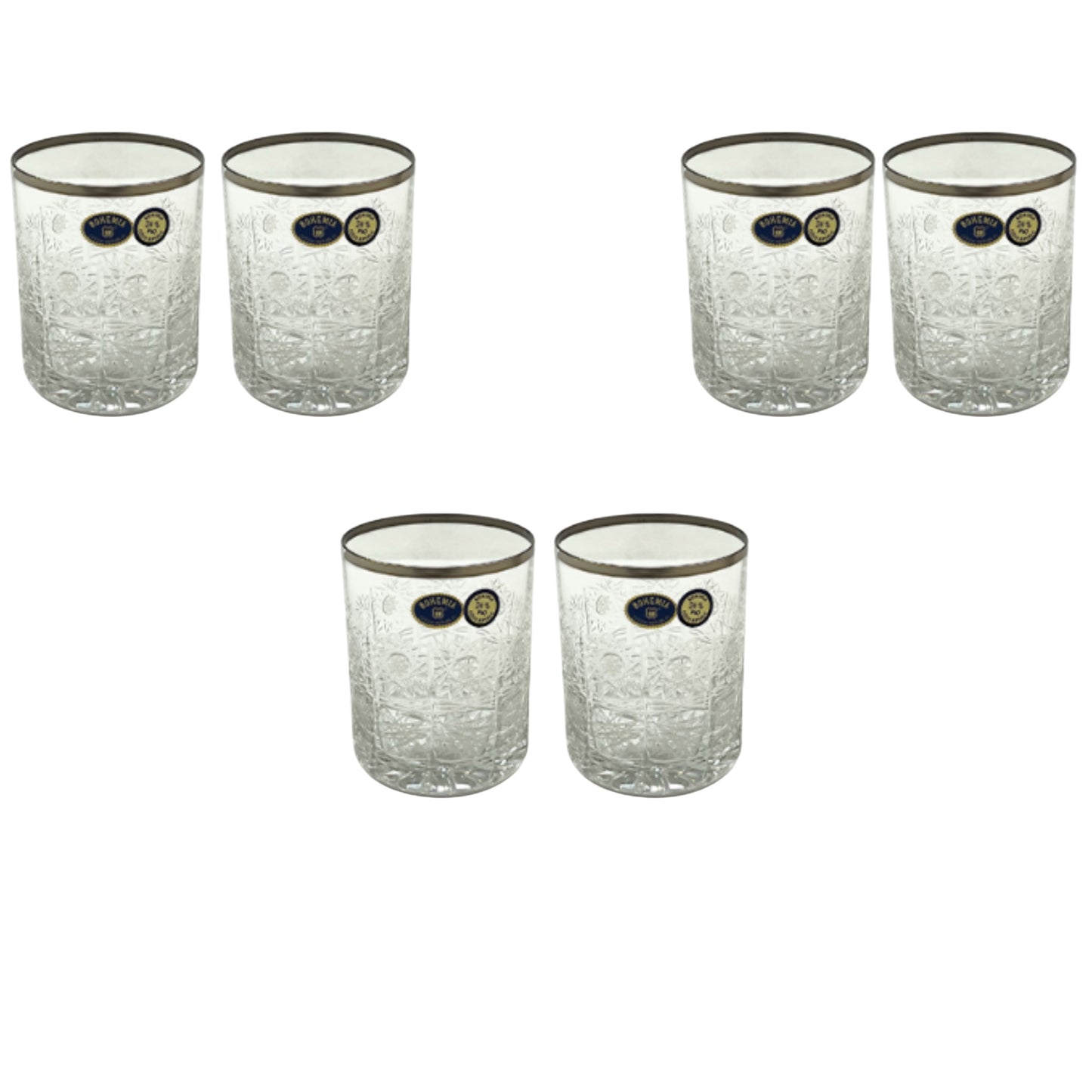 Bohemia Crystal - Tumbler Glass Set 6 Pieces Handcut - Silver