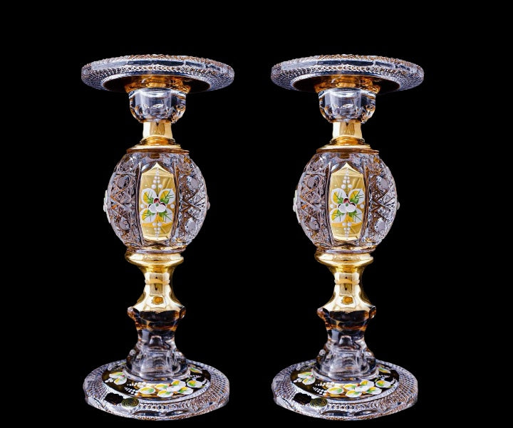 Bohemia Crystal Candle Holder 2 Pieces - Handcut Gold