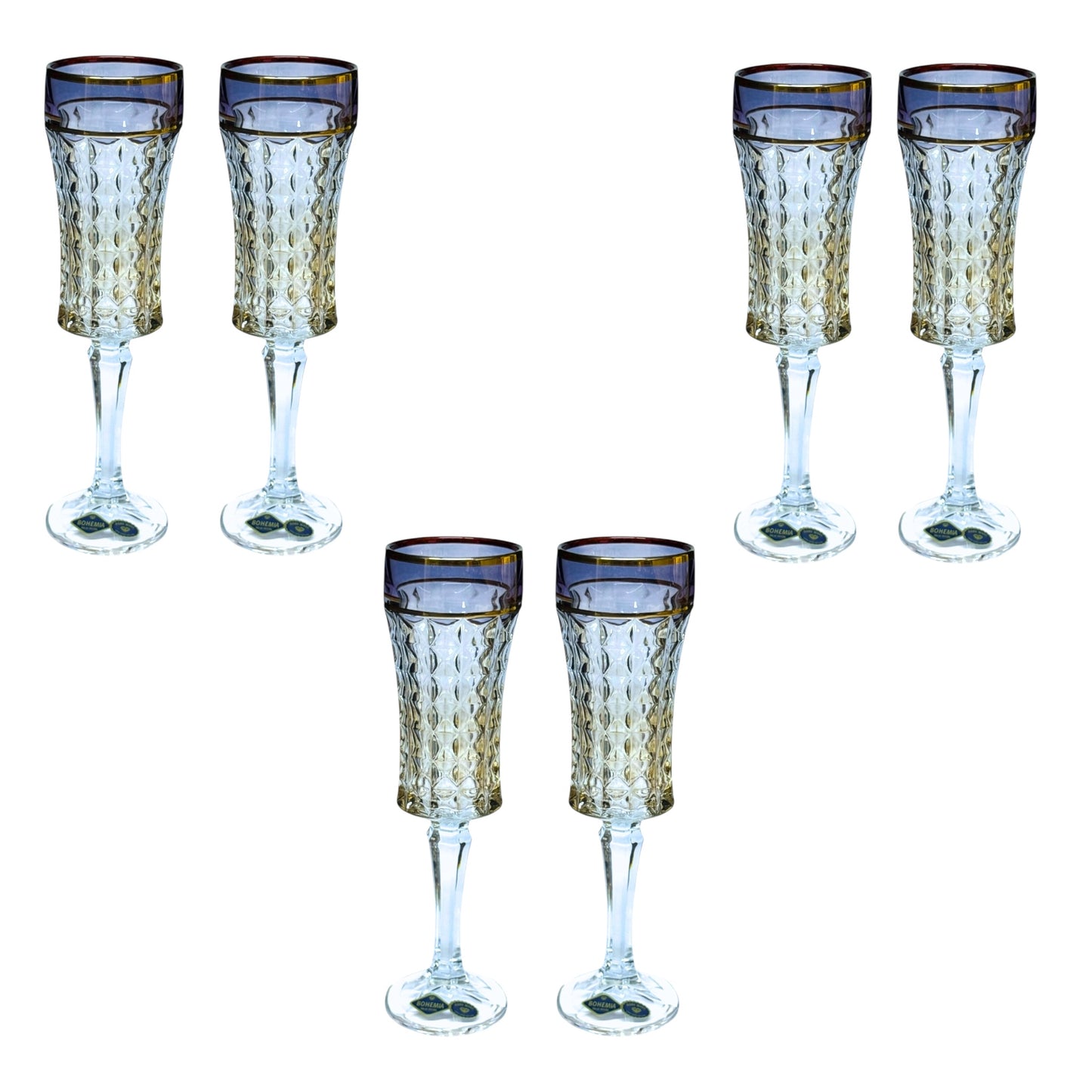 Bohemia Crytsal Diamond Flute Glass Set 6 Pieces