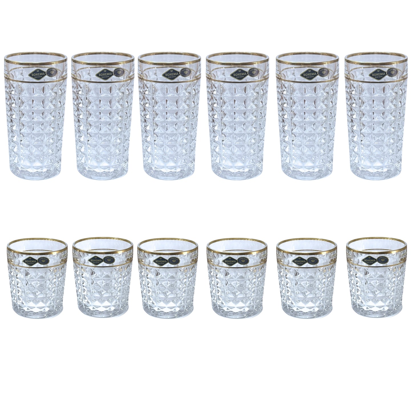 Diamond Bohemia Crystal Glass Set 12 Pieces - Gold