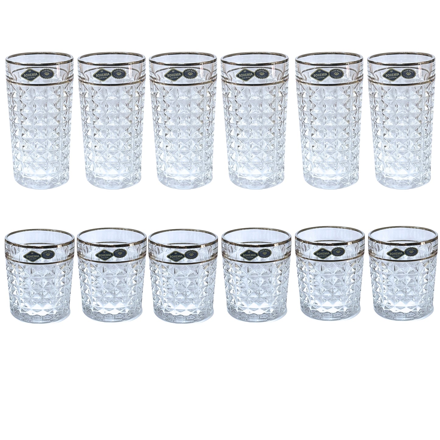 Bohemia Crystal Diamond Glass Set 12 Pieces - Silver