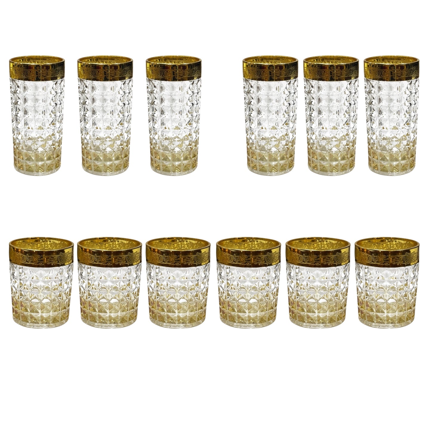 Bohemia Crystal - Diamond Glass Set 12 Pieces - Gold