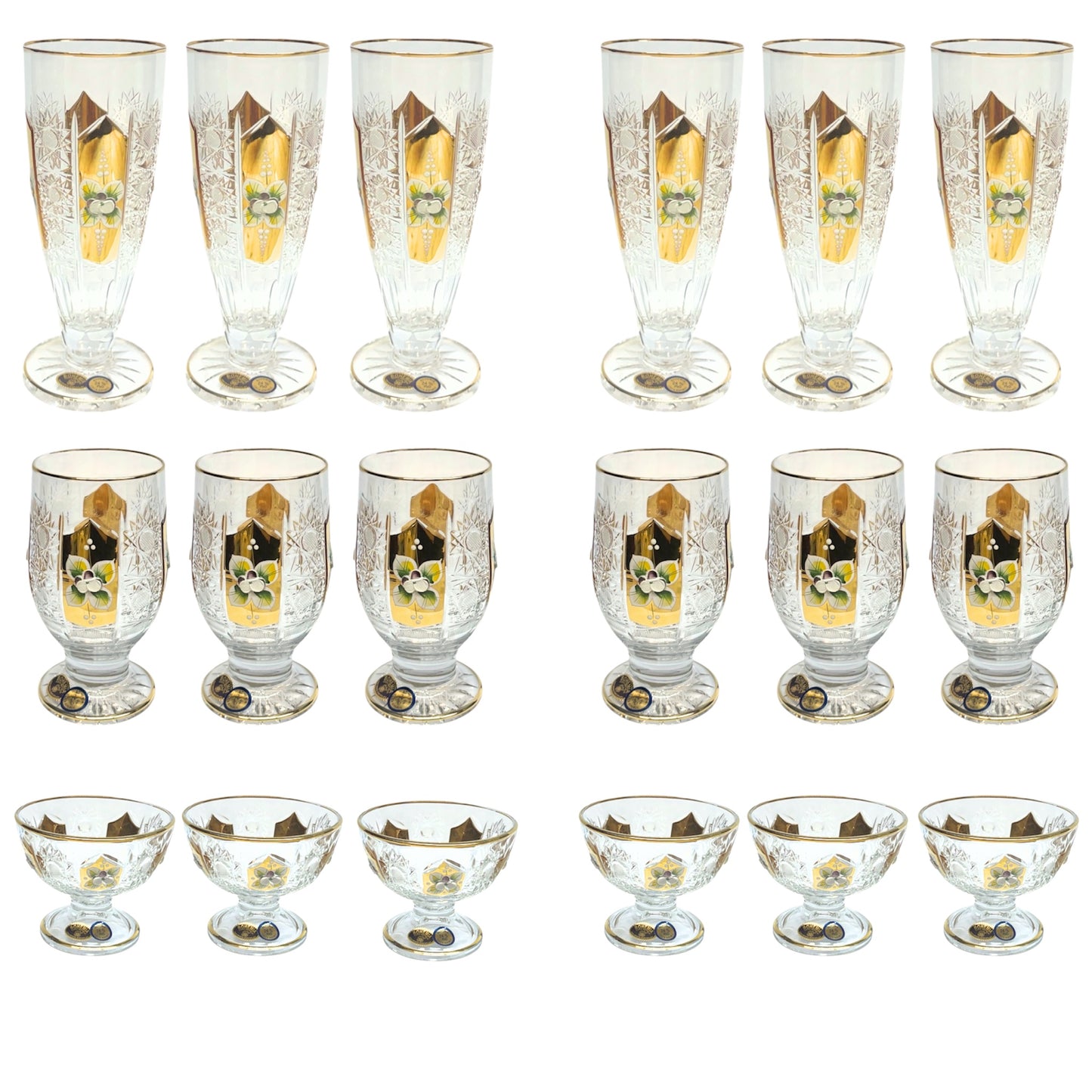 Bohemia Crystal Glass Set Handcut 18 Pieces - Gold