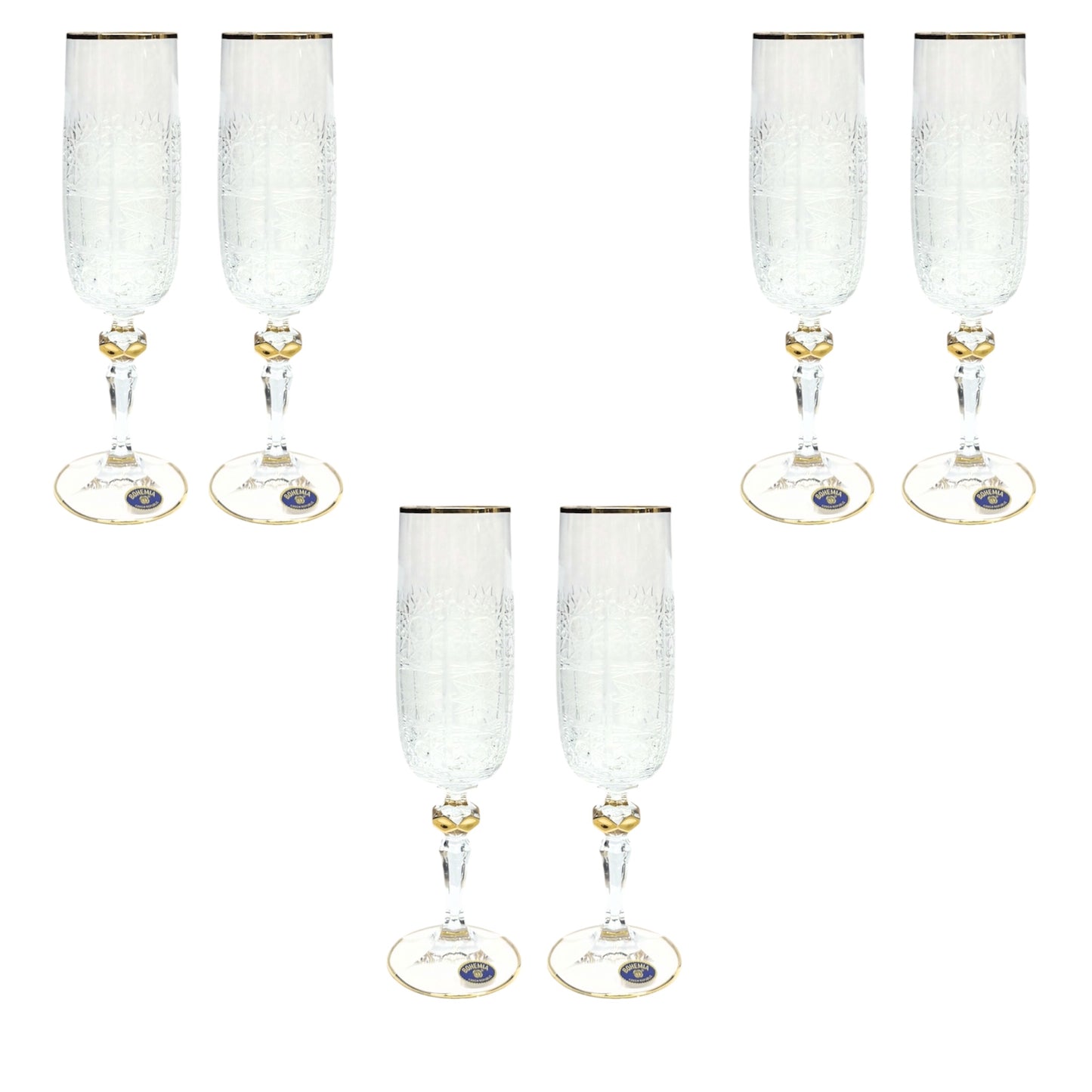 Bohemia Crystal Glass Set Handcut 6 Pieces - Gold
