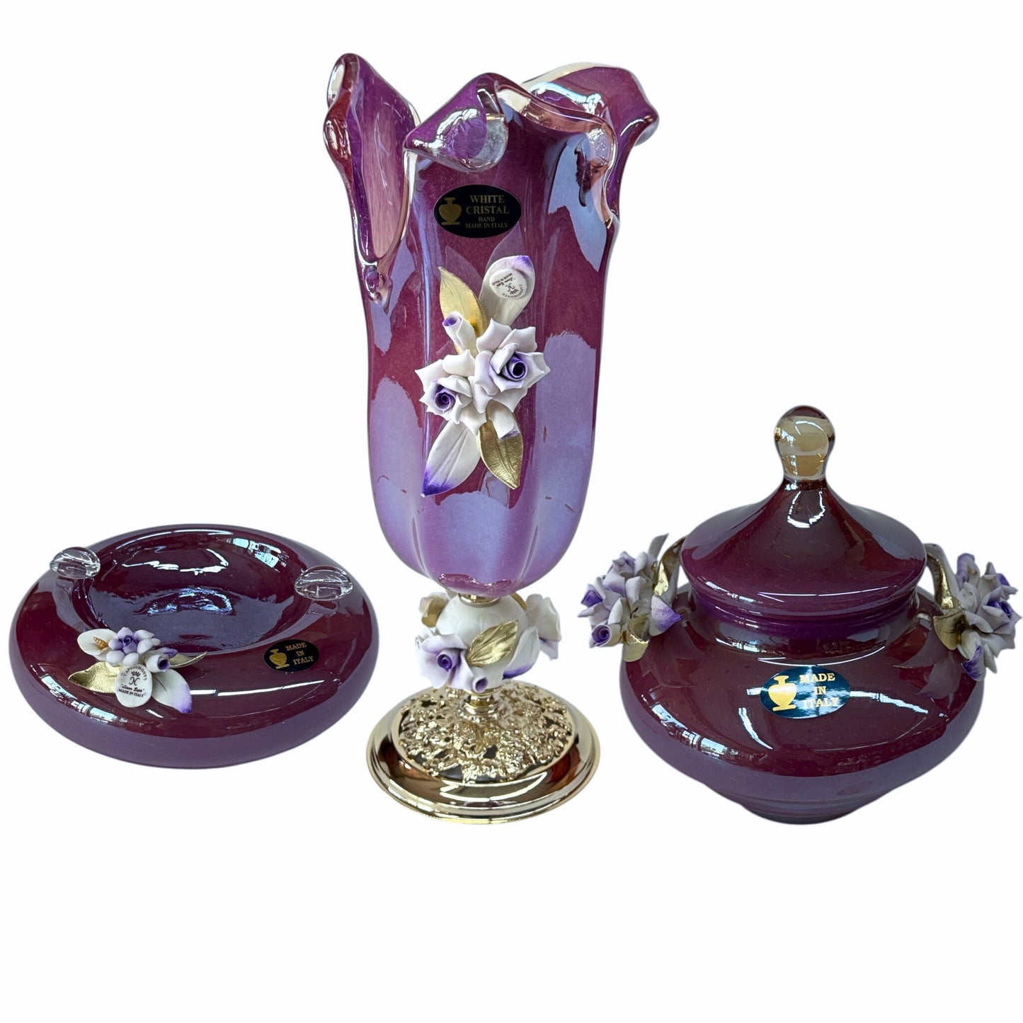 White Crystal - Murano Set 3 Pieces (Vase-Bonboniere-Ashtray) - Purple&Floral Design