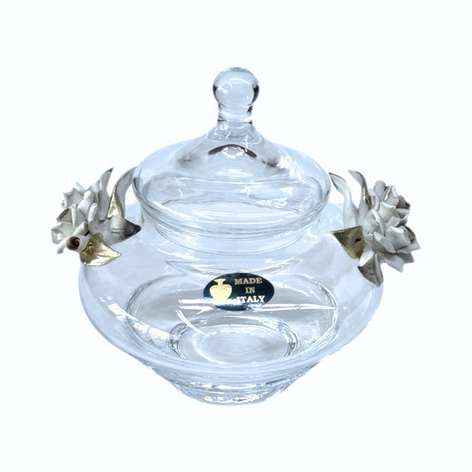 White Crystal - Small Murano Bonbonniere With Cover and Base - Floral Design - 16 cm