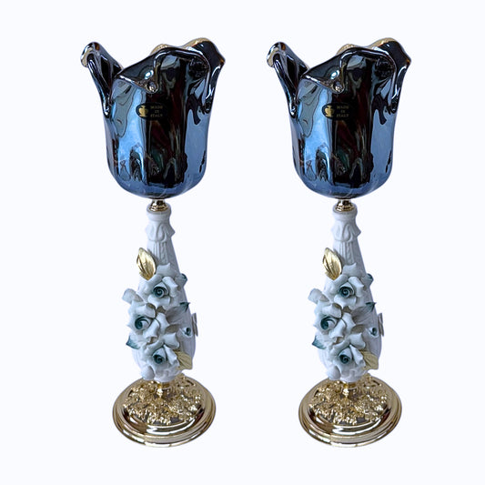 White Crystal - Murano Set 2 Pieces (2 Candle ) With Bronze Base - Dark blue&Floral Design