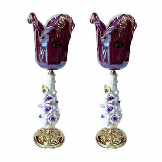 White Crystal - Murano Set 2 Pieces (2 Candle ) With Bronze Base - Purple&Floral Design