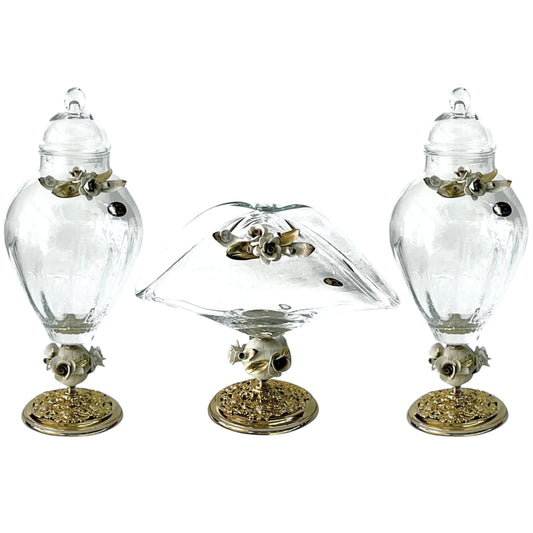 White Crystal - Murano Set 3 Pieces ( 2 Potiche + Basket ) With Bronze Base - Floral Design