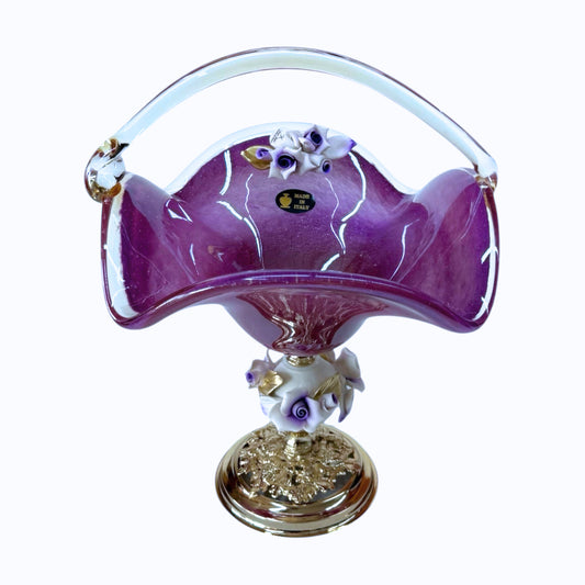 White Crystal - Medium Murano Basket With Bronze Base and Handle - Purple&Floral Design - 25x30 cm