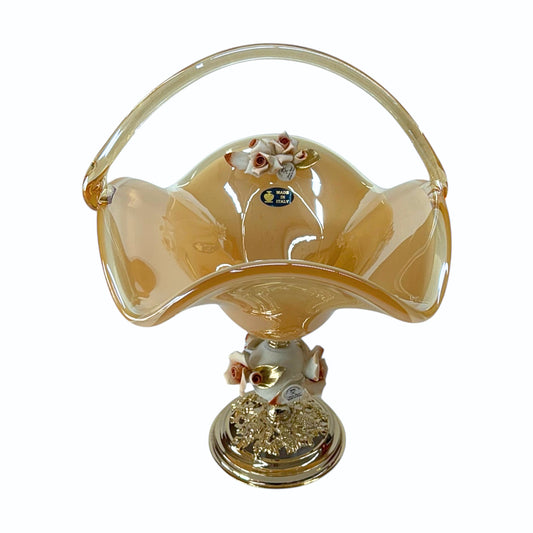 White Crystal - Medium Murano Basket With Bronze Base and Handle - Beige&Floral Design - 25x30 cm