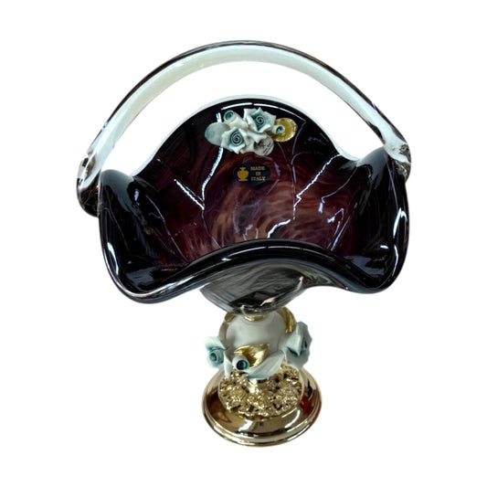 White Crystal - Medium Murano Basket With Bronze Base and Handle - Dark blue& Floral Design - 25x30 cm