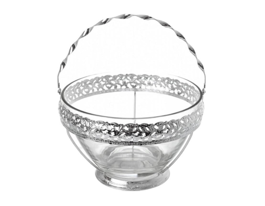 Queen Anne - Silver Plated - Large Glass Fruit Bowl With Silver Plated Frame & Handle