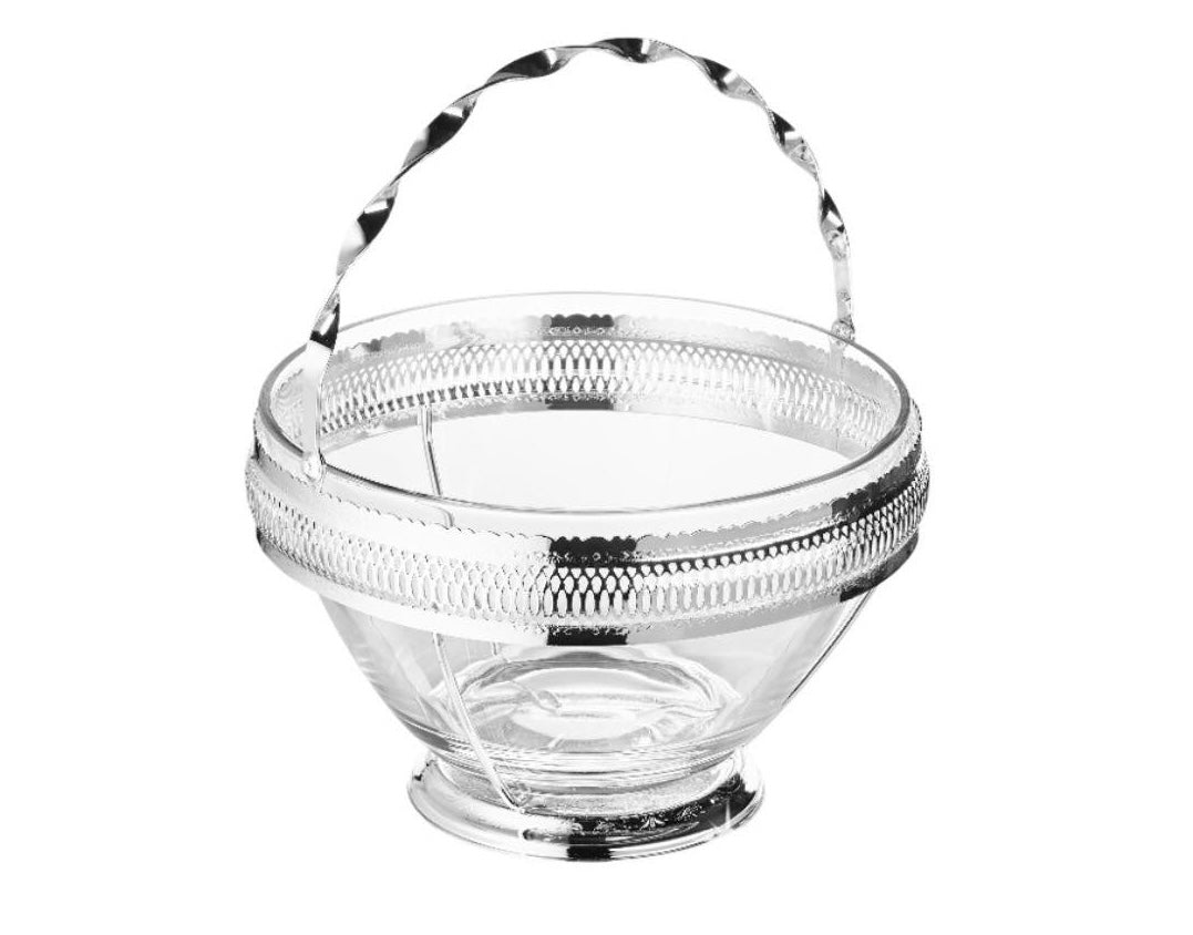 Queen Anne - Silver Plated - Large Glass Fruit Bowl With Silver Plated Frame & Handle