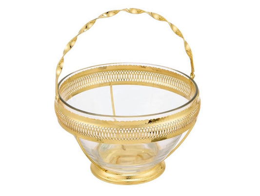 Queen Anne - Gold Plated - Large Glass Fruit Bowl With Silver Plated Frame & Handle