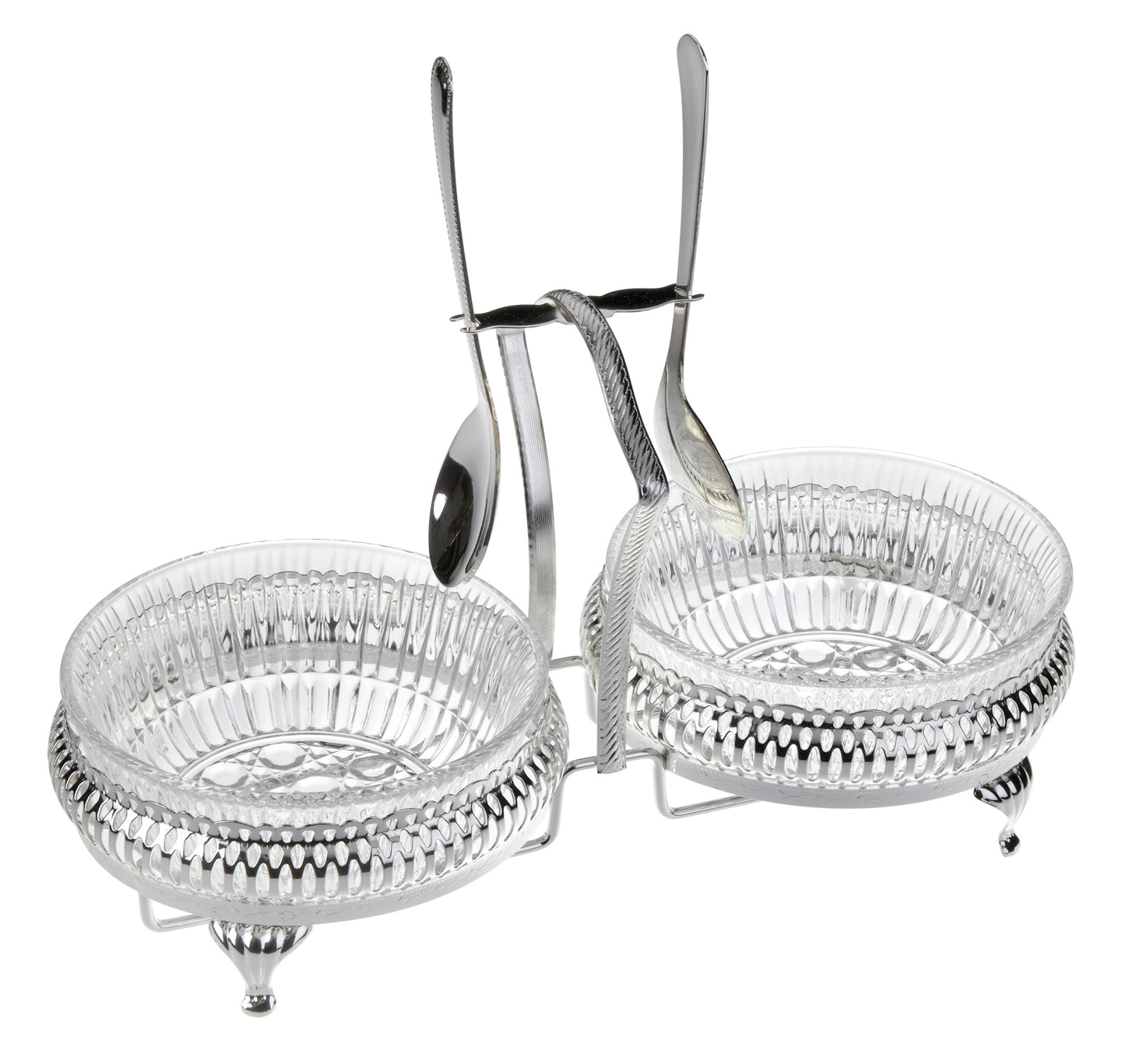 Queen Anne - Silver Plated - Double Jam Set With Legs,Handle,Spoon Holder With 2 Glass Dishes and 2 Spoons