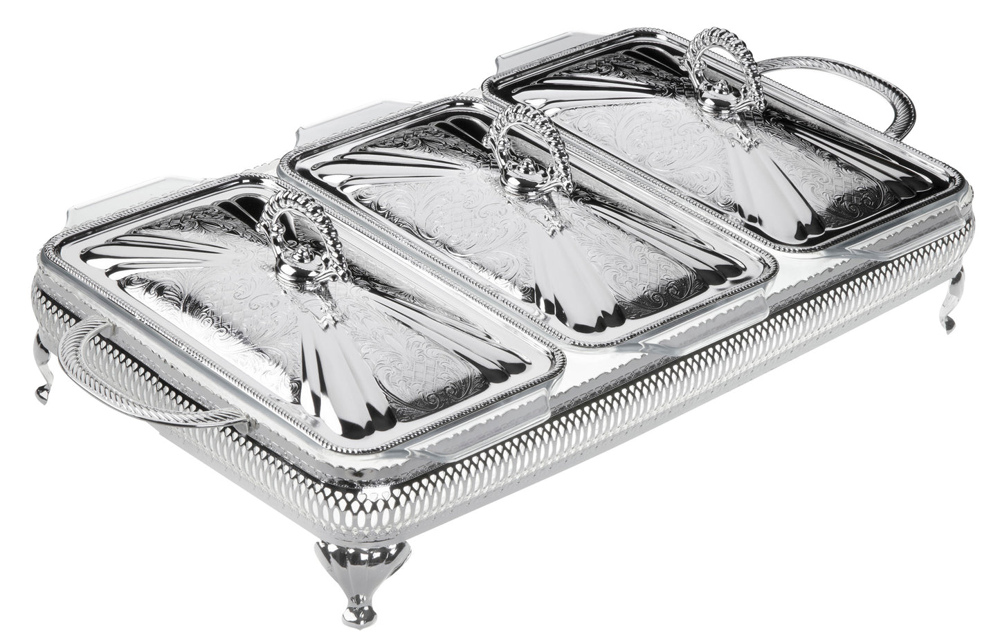 Queen Anne - Silver Plated - 3 Rectangular Food Warmers With 3 Candles