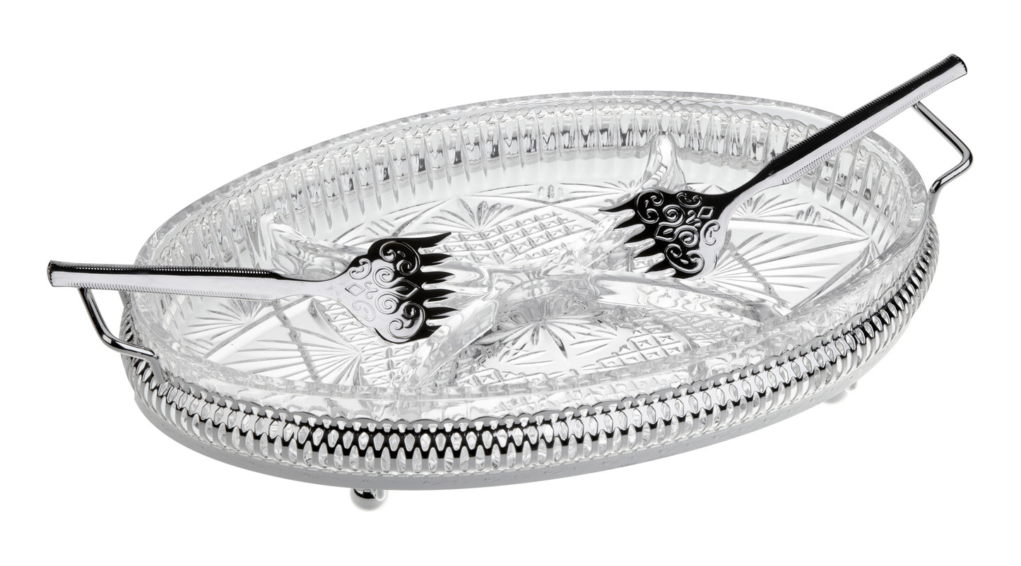 Queen Anne - Silver Plated - Oval Hors d'oeuvre With Handles and Ball Feet , 4 Division Oval Patterned Glass And 2 Serving Forks