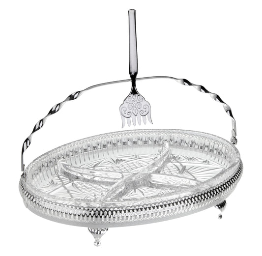 Queen Anne - Silver Plated - Oval Hors d'oeuvre With Handle and legs , 4 Devision with 1 Serving Forks