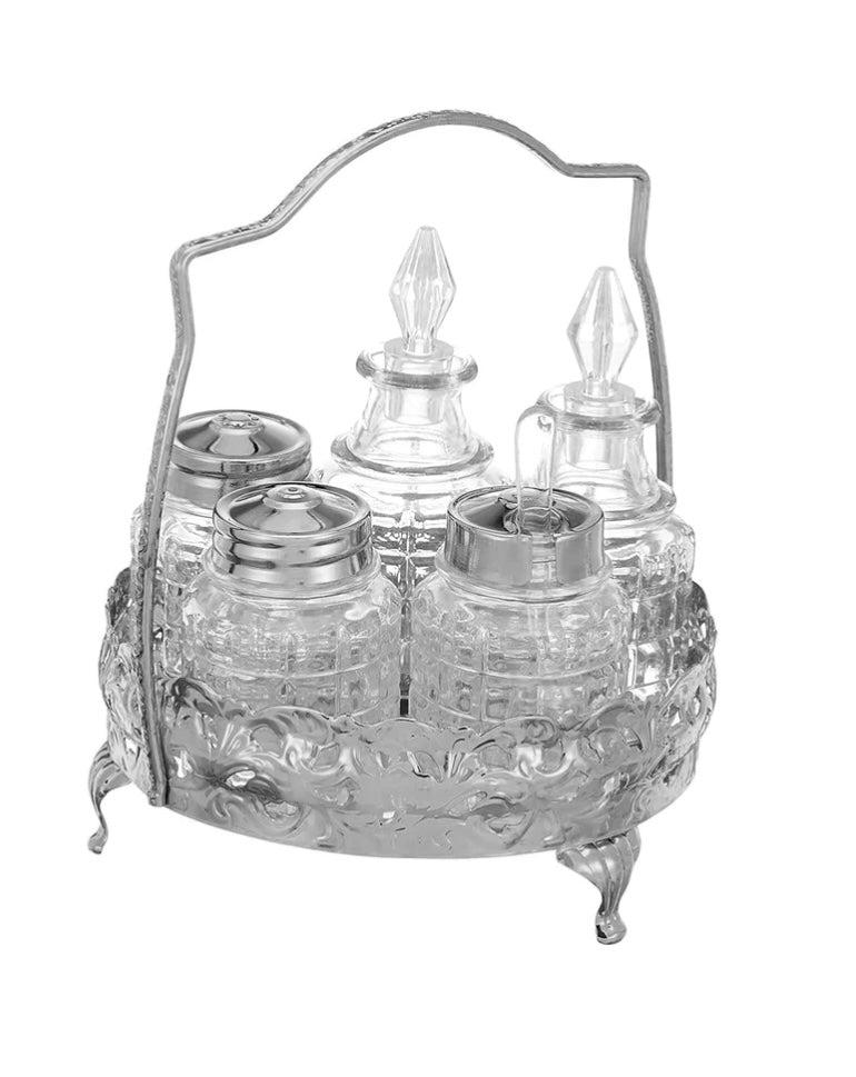 Queen Anne - Silver Plated - Round Cruet Set 5 Pcs With Base&Handles