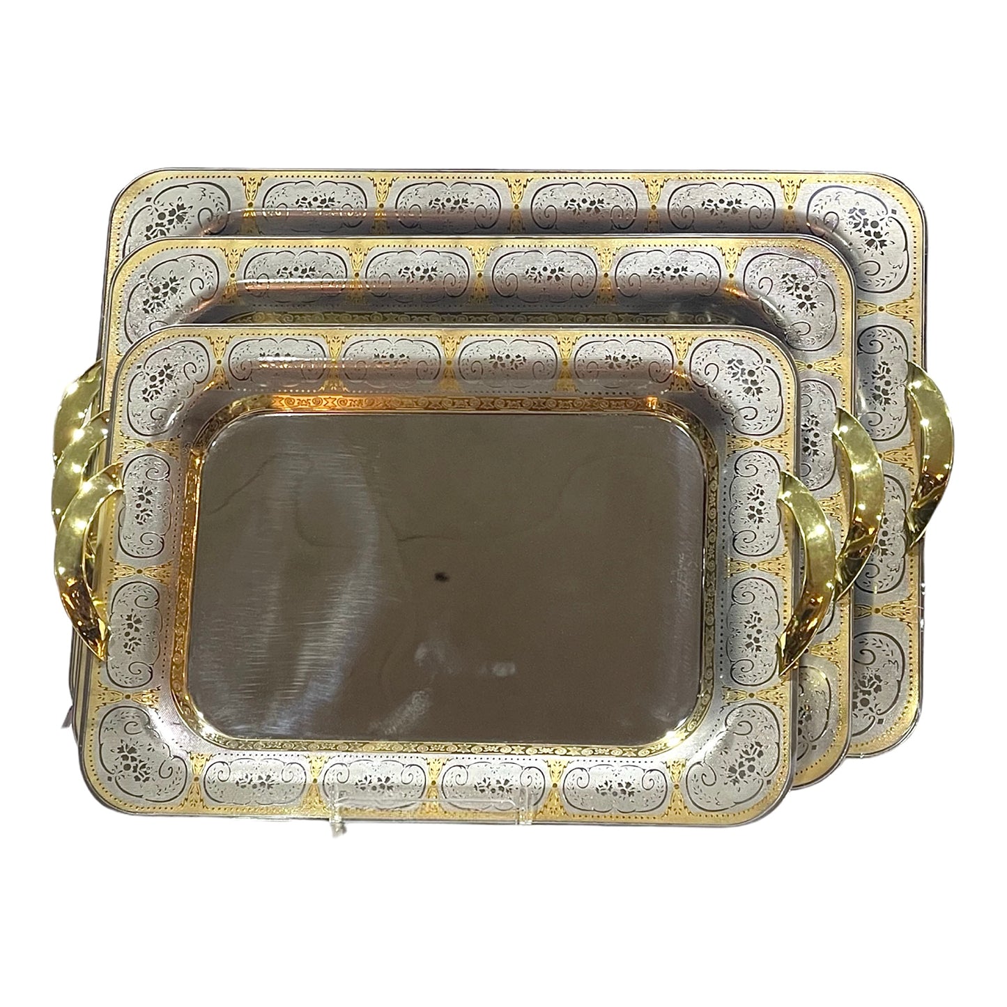 3 Rectangular Tray With Handles - Gold&Silver