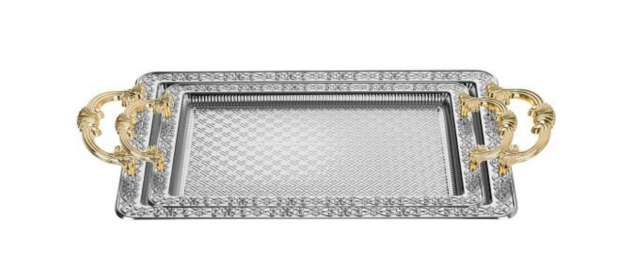 2 Rectangular Tray With Handles - Silver&Gold - Turkey